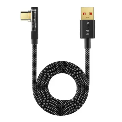 Infinix XDC106A 66W Elbow Cable — USB-A to Type-C, braided, fast charging with comfortable elbow design.