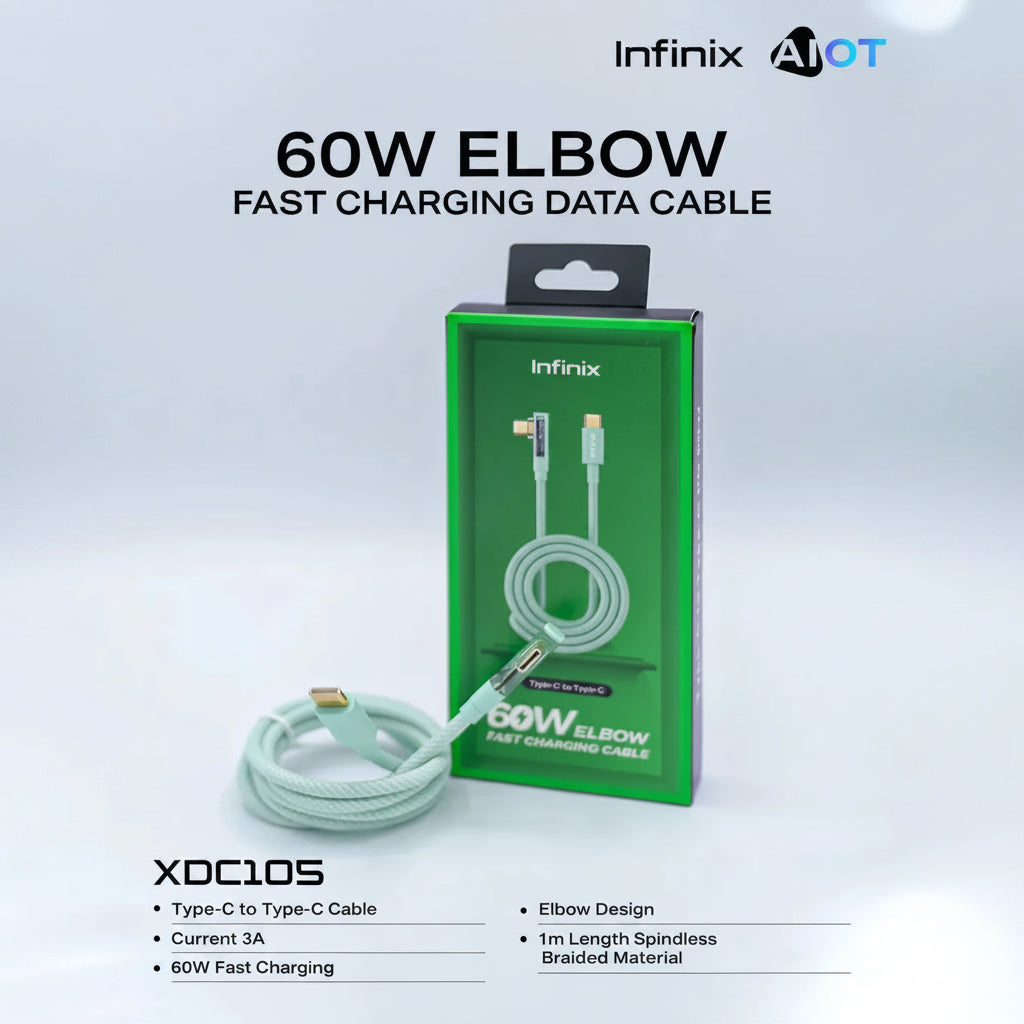 Infinix XDC105 60W Elbow Cable — Type-C to Type-C, braided, fast charging with comfortable elbow design.