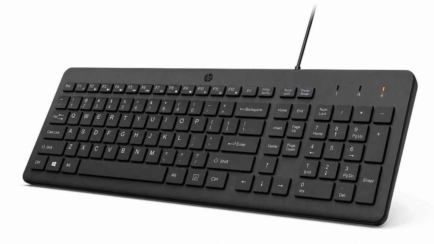 A black HP wireless keyboard with a standard QWERTY layout, shown at an angle on a clean white background.
