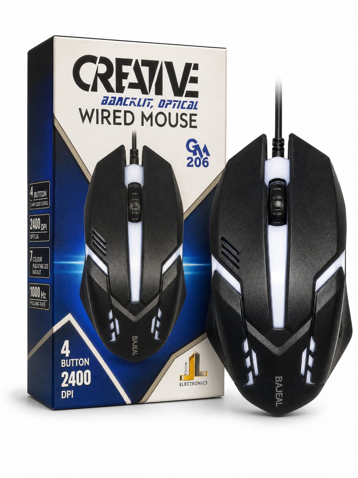 Creative GM206 Wired Mouse — 2400 DPI, 7-color LED backlit, 1000Hz polling rate, 4-button design.