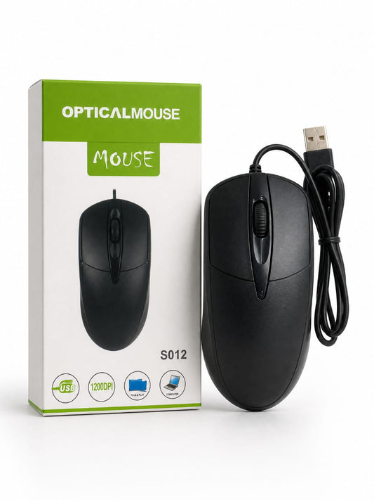 S012 Wired Optical Mouse — 1200 DPI, USB plug & play, simple and reliable everyday use.