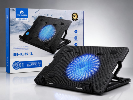 Mikuso SHUN-1 Laptop Cooling Pad — large airflow fan, blue LED, adjustable stand. Keep your laptop cool & comfortable.