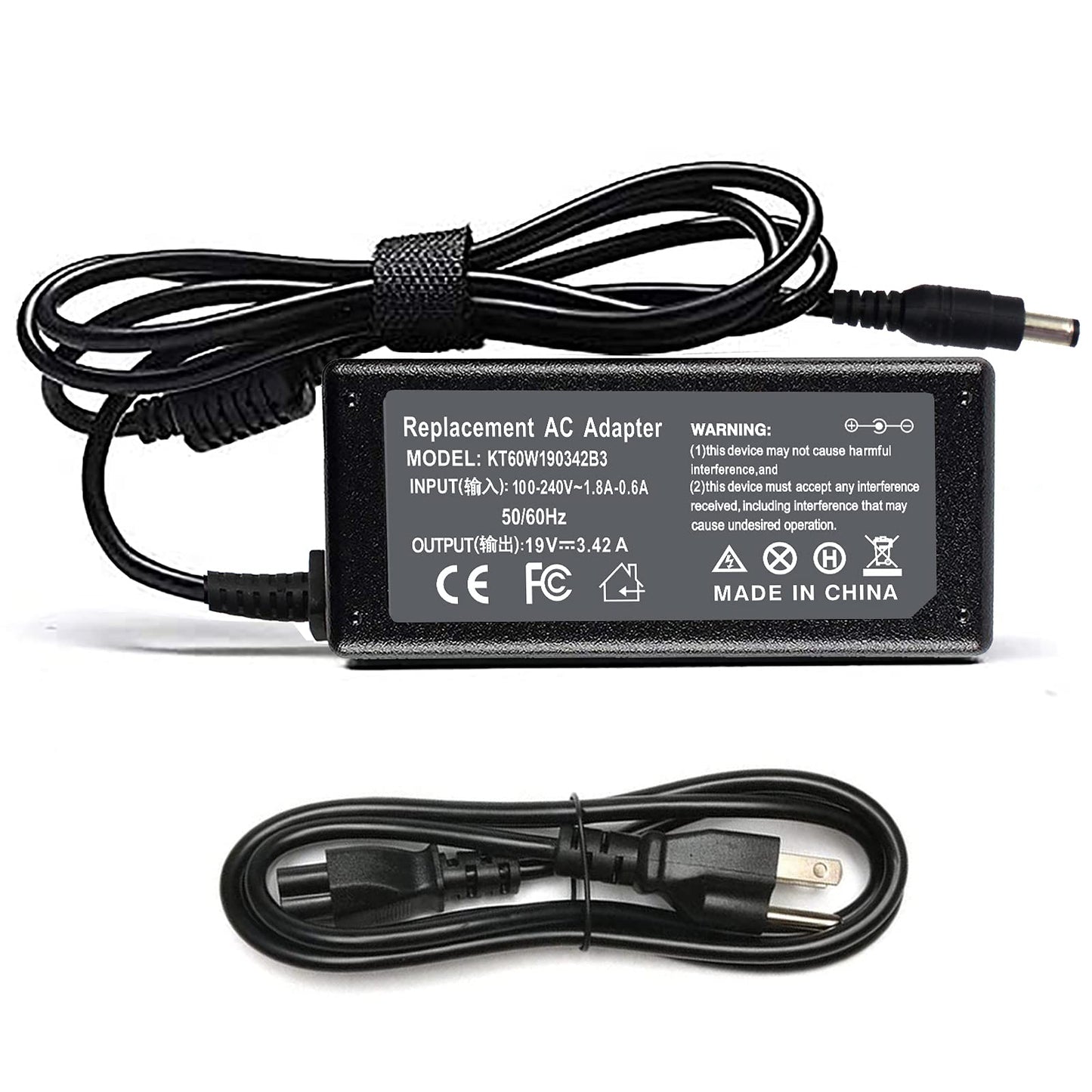 Toshiba Standard Pin Charger — 19V 3.42A, 65W replacement AC adapter with universal input voltage.