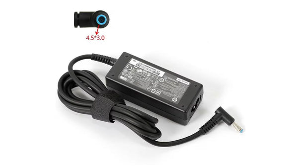 HP Blue-Tip Charger — 4.5×3.0mm connector, angled tip design, reliable everyday charging for HP laptops.