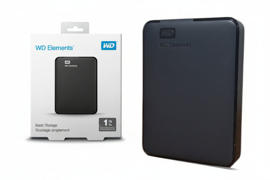 WD Elements basic storage simplex 1 TB external hard drive shown next to its white retail packaging box on a white background.