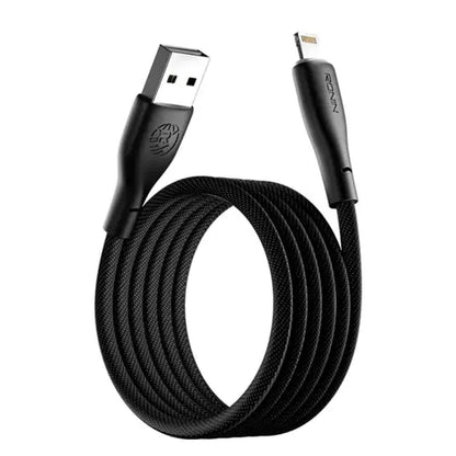 A black braided USB-A to Lightning cable coiled on a white background, with the USB-A connector on one end and a Lightning connector on the other.