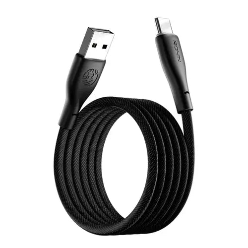 A black braided USB-A to USB-C charging cable coiled on a white background, with the brand name 'ROZAL' visible on the USB-C connector housing.