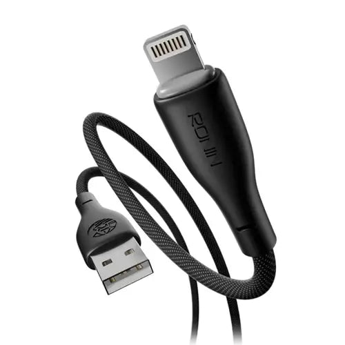 A black braided USB cable with a Lightning connector, featuring a black plastic inline adapter with the brand name 'ROK' printed vertically on it, shown against a plain white background.