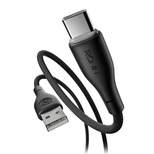 A black USB-C to USB-A charging cable with a braided protective sheath and a matte black connector housing featuring the brand name 'iO2' printed vertically.