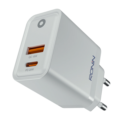 Ronin Xpress R-6050 Fast Charger – Dual Port QC 18W + PD 20W USB-C Wall Adapter