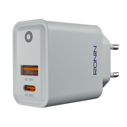 Ronin Xpress R-6050 Fast Charger – Dual Port QC 18W + PD 20W USB-C Wall Adapter