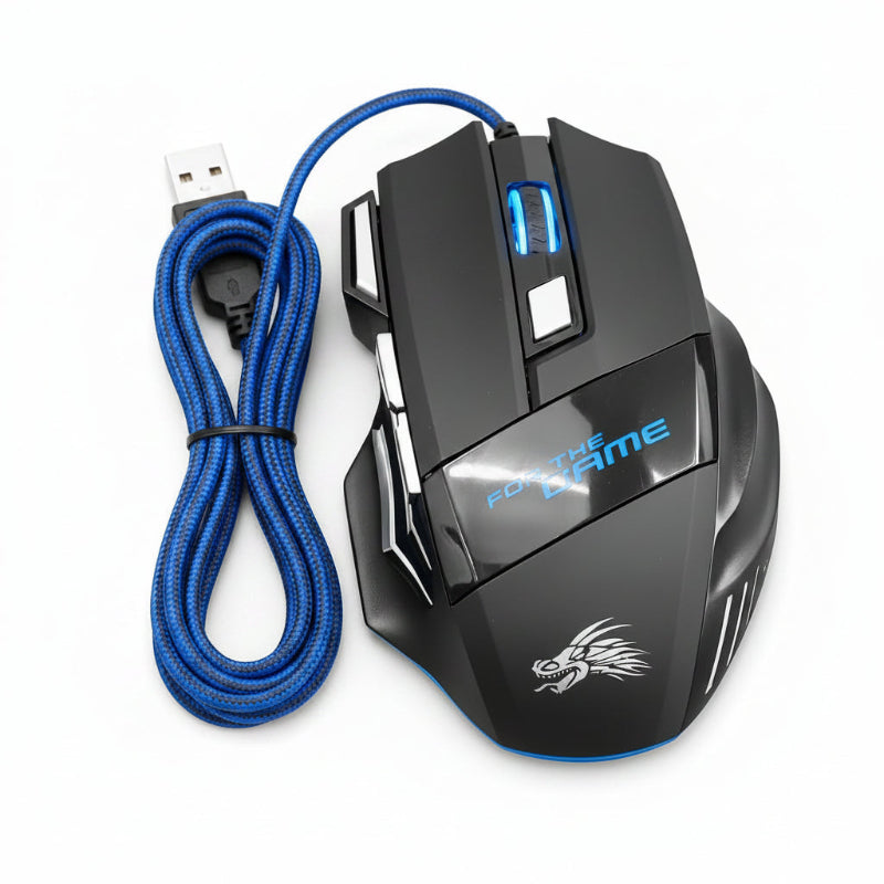 A black wired gaming mouse with a blue braided cable, featuring a glossy finish, blue LED text that reads 'FOR THE GAME', and a silver dragon graphic near the bottom.