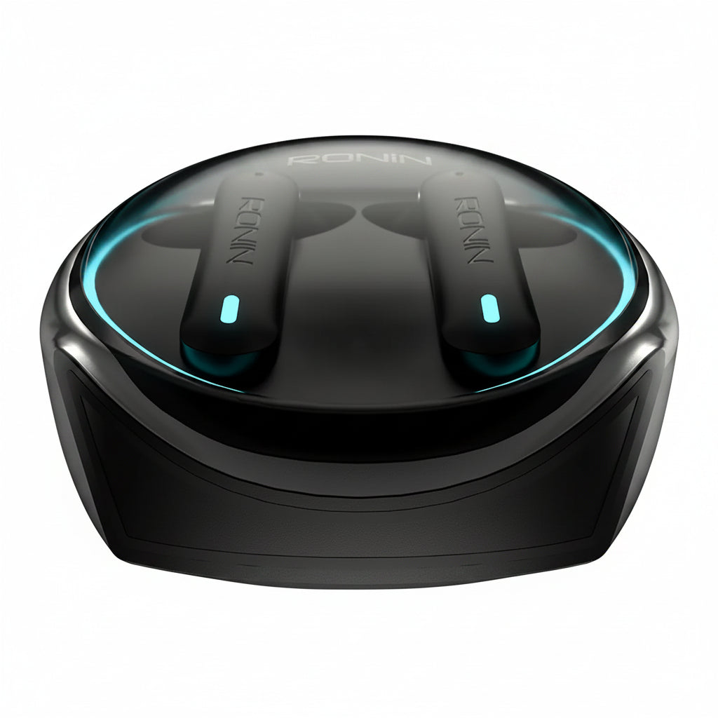 Black wireless earbuds with charging case on a white background