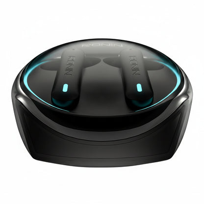 Black wireless earbuds with charging case on a white background