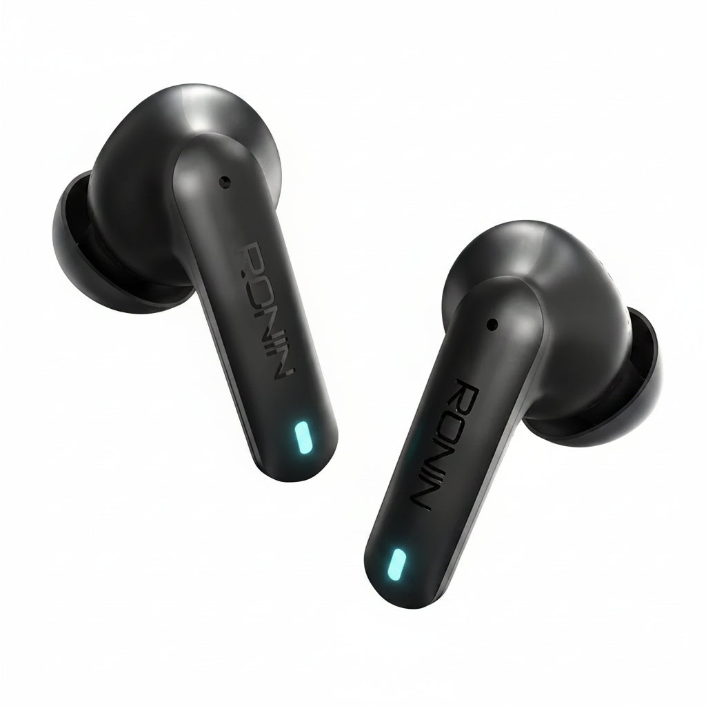 Black wireless earbuds with 'RONIN' branding on a white background
