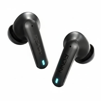 Black wireless earbuds with 'RONIN' branding on a white background