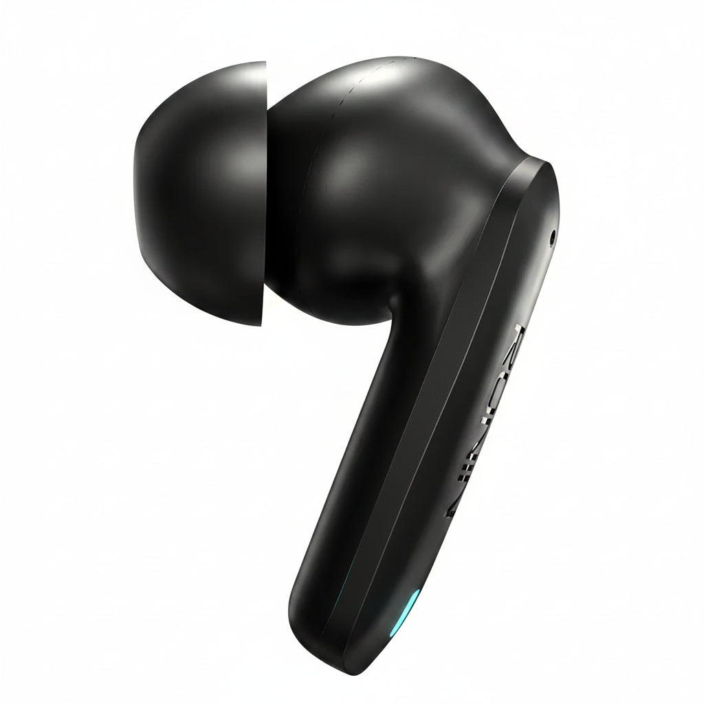 Black wireless earbuds on a white background