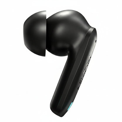 Black wireless earbuds on a white background