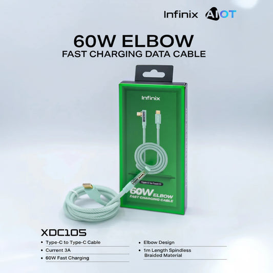 Infinix XDC105 60W Elbow Cable — Type-C to Type-C, braided, fast charging with comfortable elbow design.