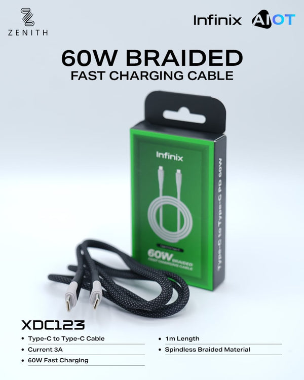 Infinix XDC123 60W Braided Cable — Type-C to Type-C PD, durable braided build, fast charging.
