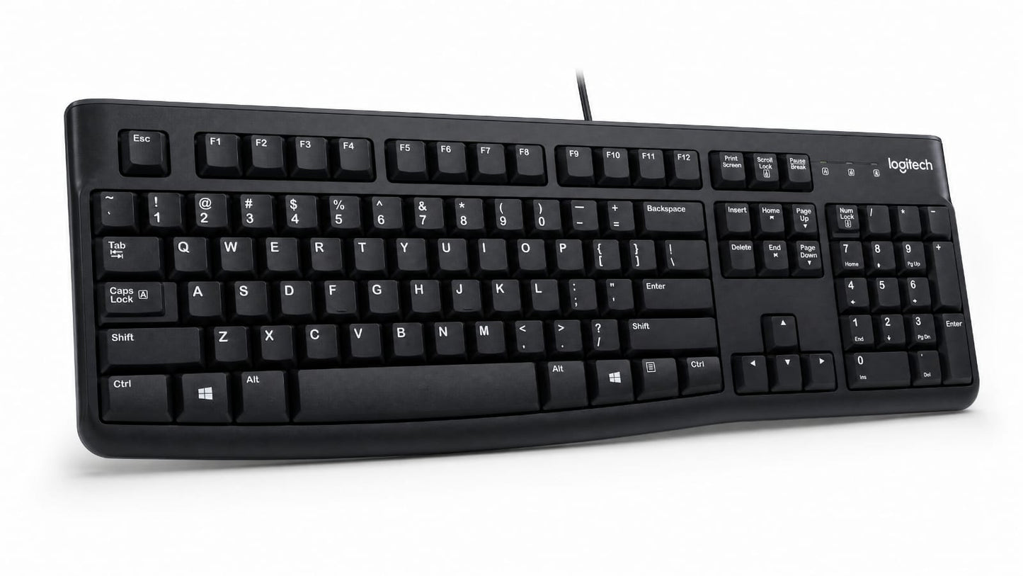 Logitech black wired computer keyboard with white lettering on the keys, shown at a three-quarter angle on a white background.