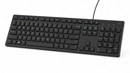 A black Dell wireless keyboard with a standard QWERTY layout, numeric keypad, and a visible black cable, shown on a plain white background.