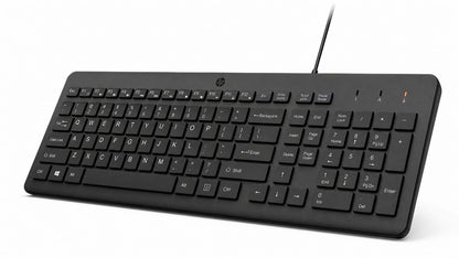 A black HP wireless keyboard with a standard QWERTY layout, shown at an angle on a clean white background.