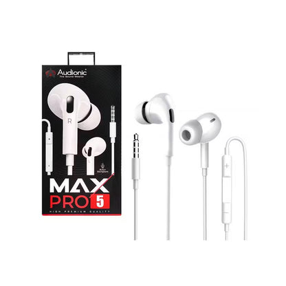 Audionic Max Pro 5 Stereo Earphones with 3.5mm Audio Jack In LHR, HD Microphone and Tangle-Free Cable in White