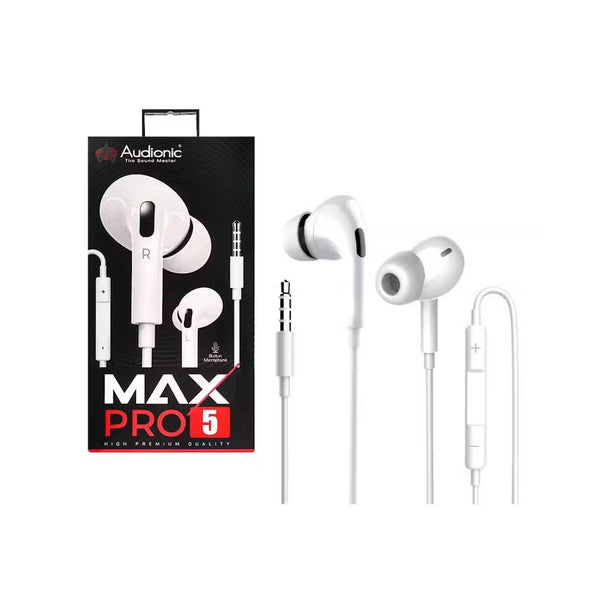 Audionic Max Pro 5 Stereo Earphones with 3.5mm Audio Jack In LHR, HD Microphone and Tangle-Free Cable in White