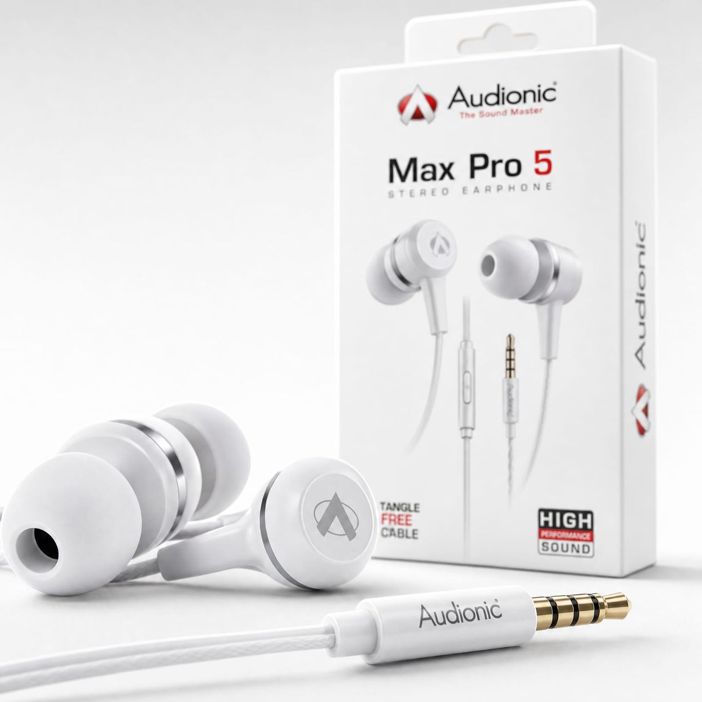 Audionic Max Pro 5 Stereo Earphones with 3.5mm jack, HD microphone, tangle-free cable, and high-performance sound for everyday listening.