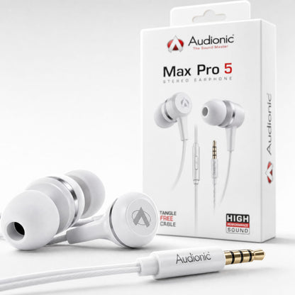 Audionic Max Pro 5 Stereo Earphones with 3.5mm jack, HD microphone, tangle-free cable, and high-performance sound for everyday listening.