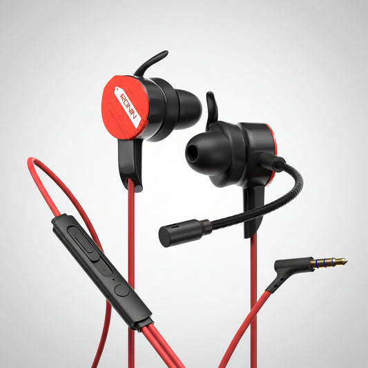Red and black earphones with a control cable on a white background