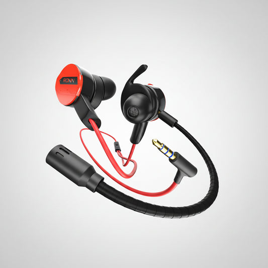 Pair of black and red earbuds with a cable on a white background