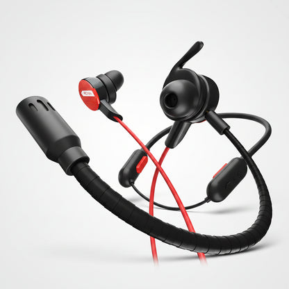 Black and red wireless earbuds with a flexible cable on a white background