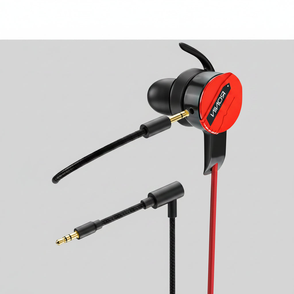 Red and black earbud on a white background
