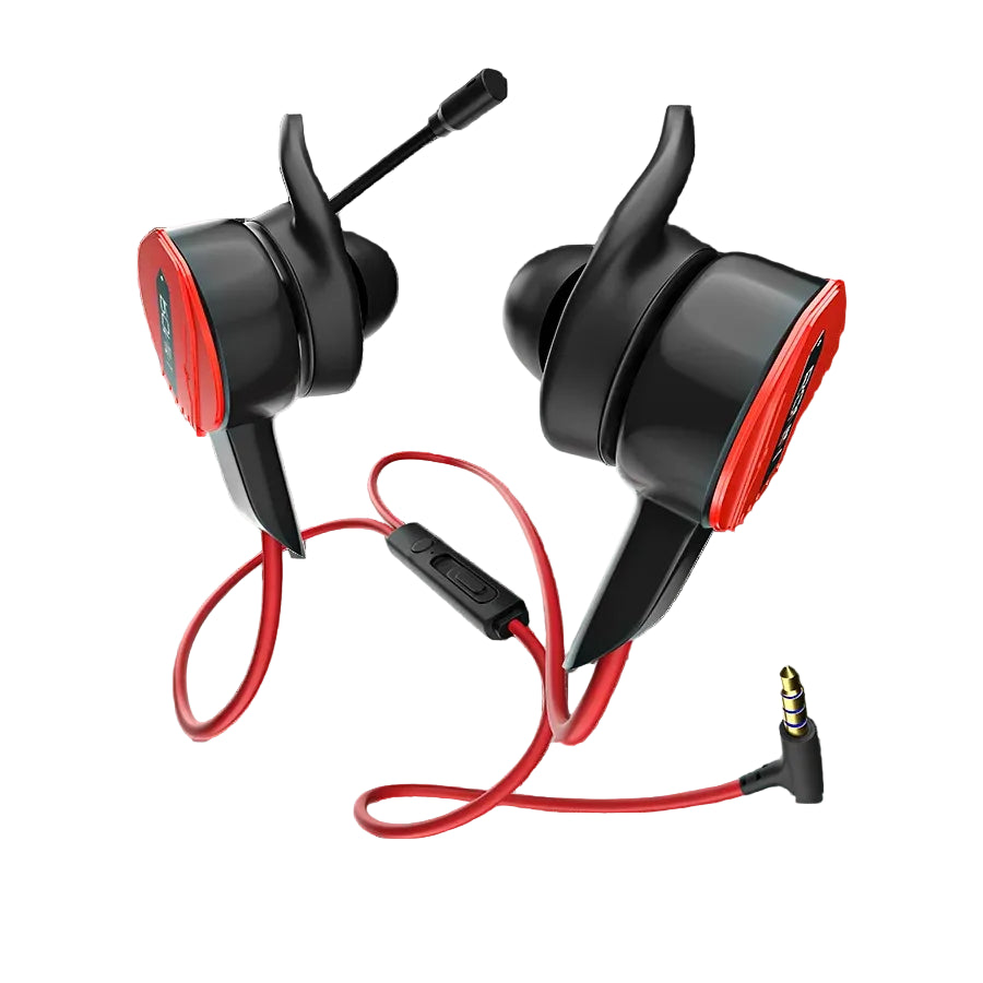 Black and red wireless earbuds with a cable on a white background