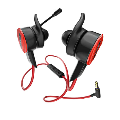 Black and red wireless earbuds with a cable on a white background