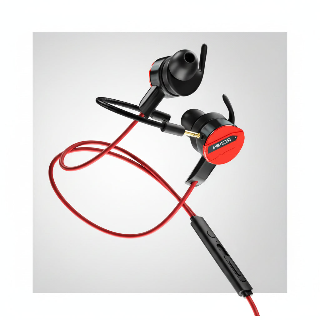 Black and red earphones with a coiled cable on a white background