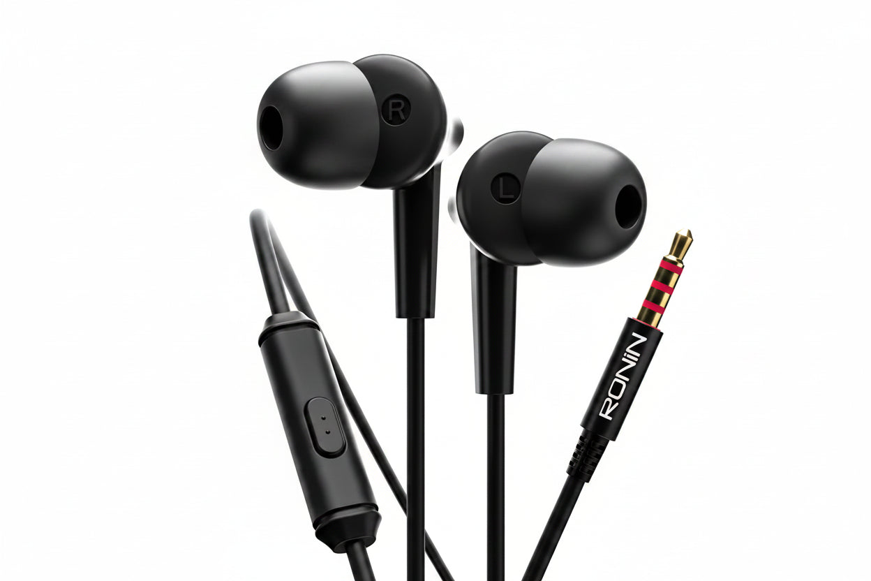 Black earphones with a control unit and visible 'RONIN' branding on a white background