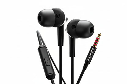 Black earphones with a control unit and visible 'RONIN' branding on a white background