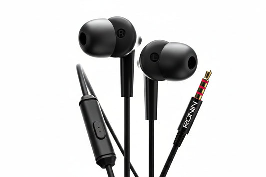 Black earphones with a control unit and visible 'RONIN' branding on a white background