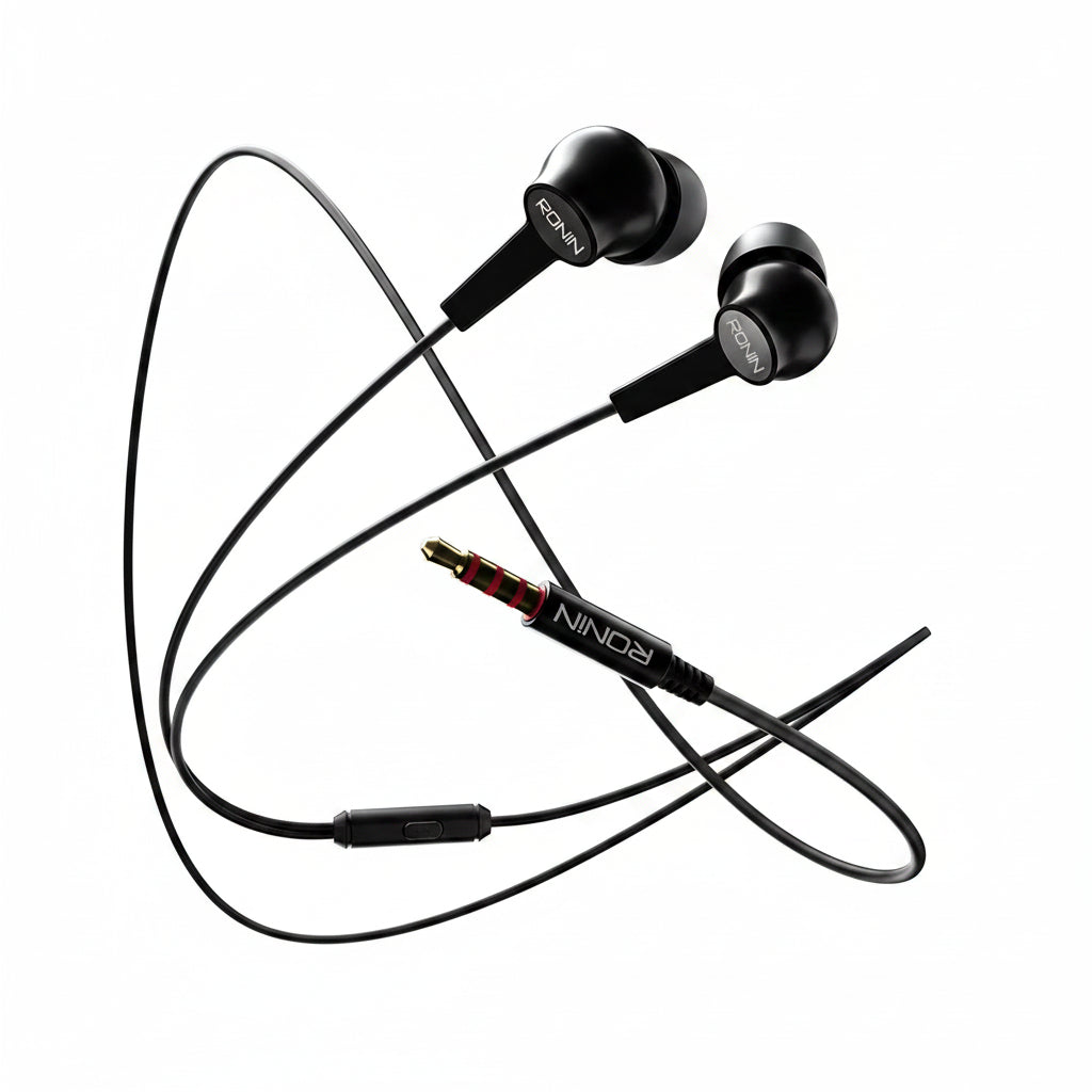 Black in-ear headphones with a coiled cable on a white background