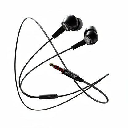 Black in-ear headphones with a coiled cable on a white background