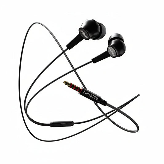 Black in-ear headphones with a coiled cable on a white background