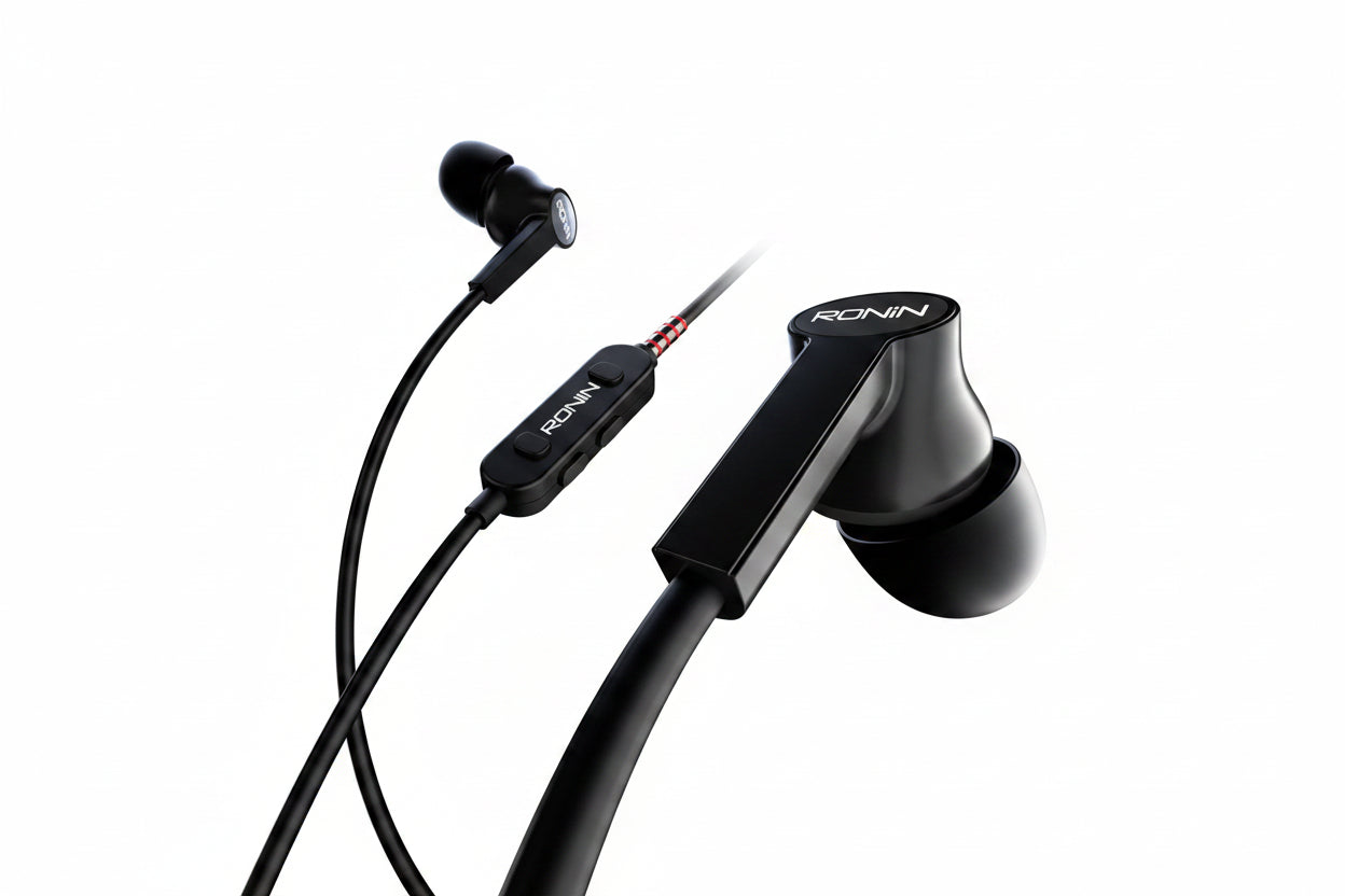 Black earphones with 'RONIN' branding on a white background