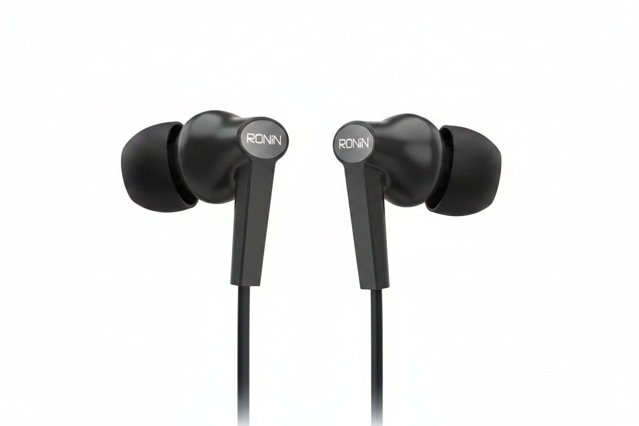 Black earbud with 'RONIN' branding on a white background