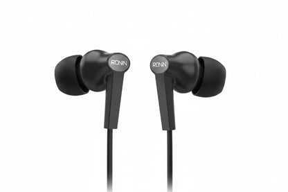 Black earbud with 'RONIN' branding on a white background