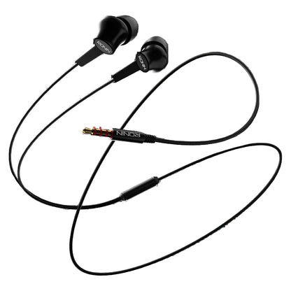 Black in-ear headphones with a cable on a white background