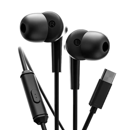 Black in-ear headphones with USB-C connector on a white background