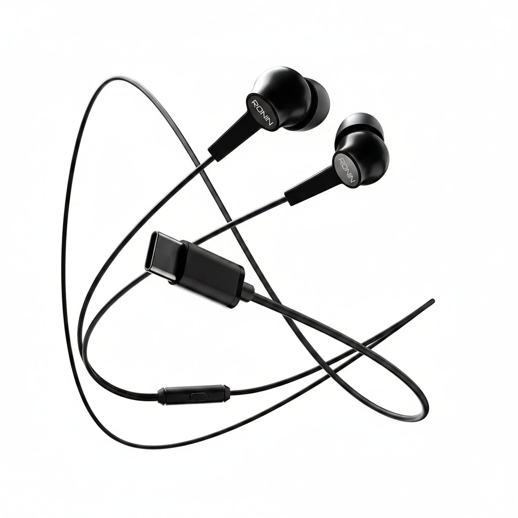 Black in-ear headphones with a coiled cable on a white background
